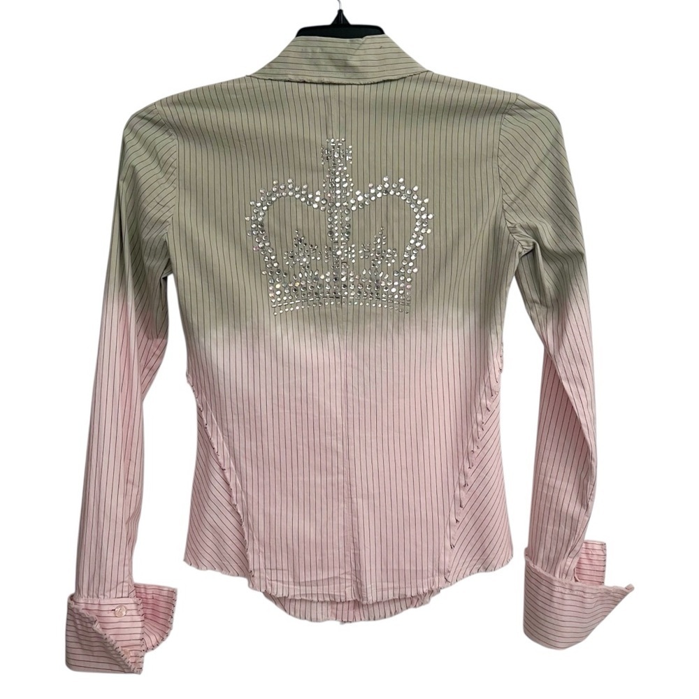 90’s Y2K Love Junkie Pinstripe Pink Green Shirt Rhinestone Crown Appliqué Medium - Picture 4 of 7